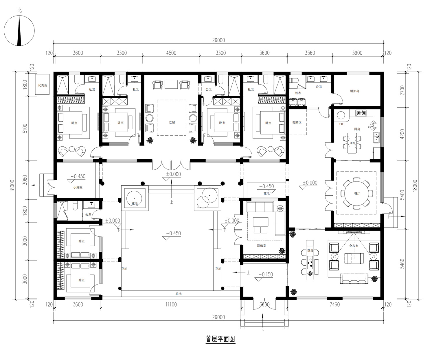 湖北荆门戴家一层中式三合院自建别墅设计