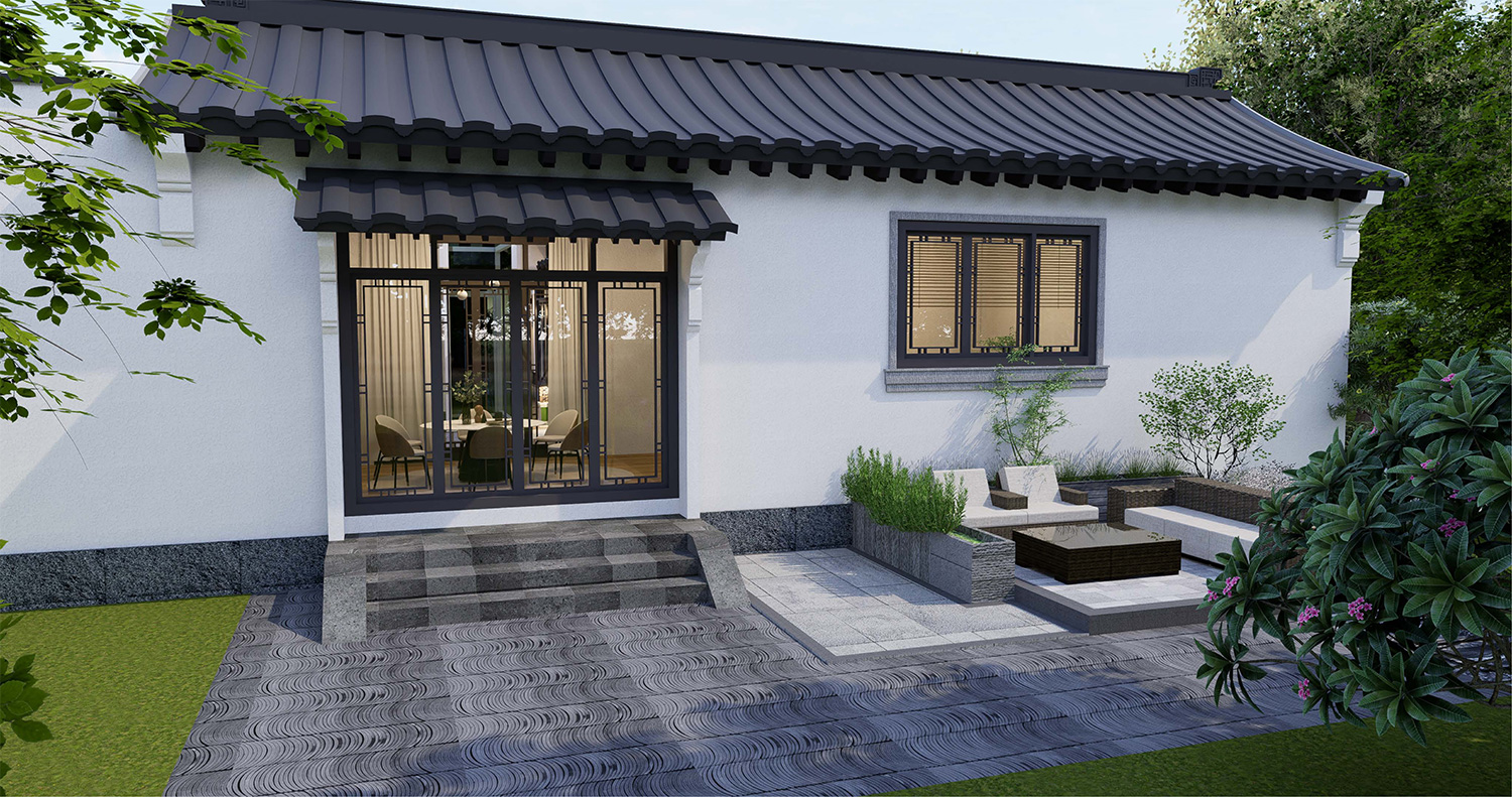 湖北荆门戴家一层中式三合院自建别墅设计