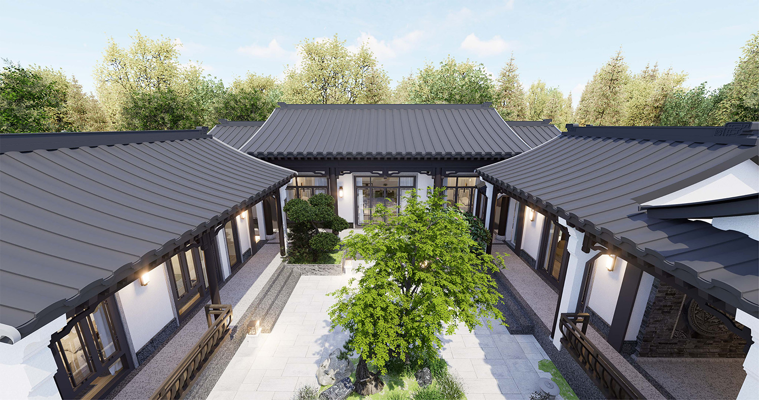 湖北荆门戴家一层中式三合院自建别墅设计