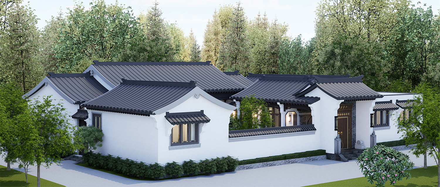 湖北荆门戴家一层中式三合院自建别墅设计