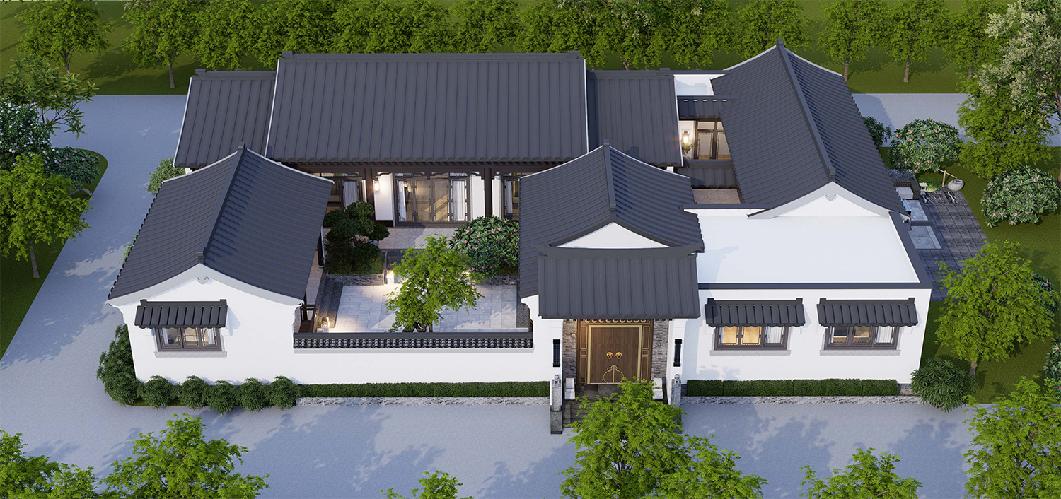 湖北荆门戴家一层中式三合院自建别墅设计