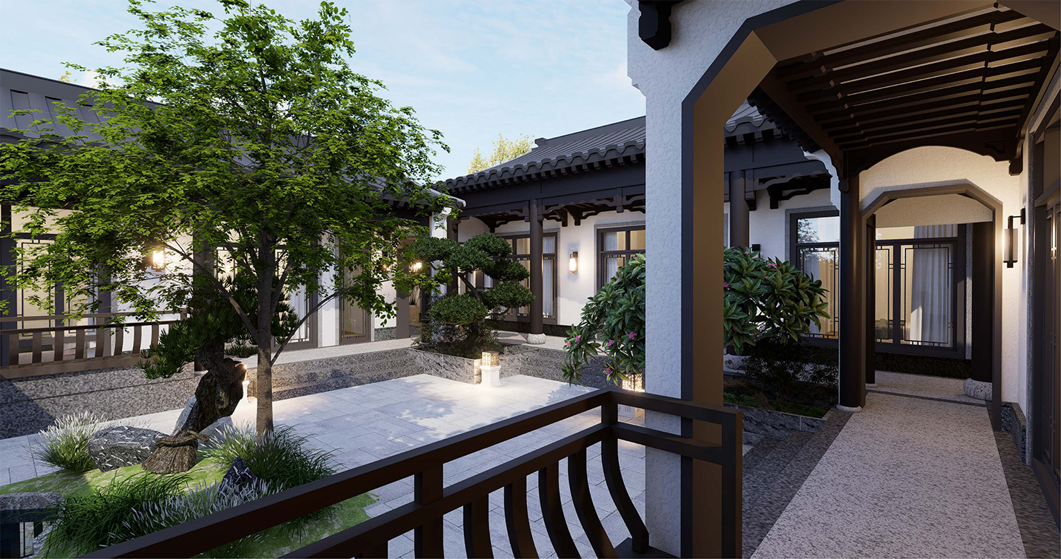 湖北荆门戴家一层中式三合院自建别墅设计