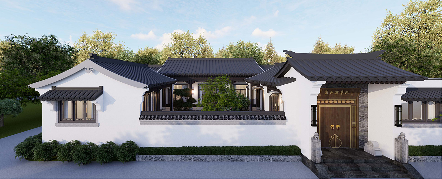 湖北荆门戴家一层中式三合院自建别墅设计